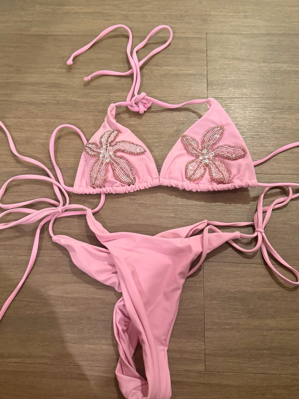 Girls' Pink Beaded Flower Triangle Bikini - Unbranded
